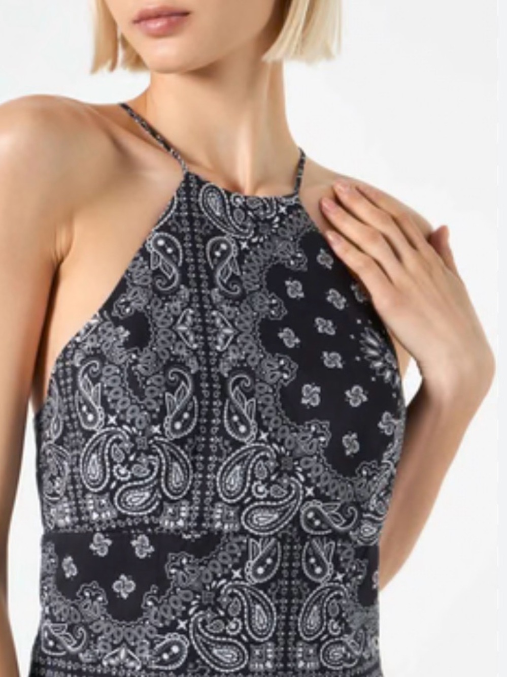 Workshop Republic Clothing Black and Ivory Printed Halter Top L